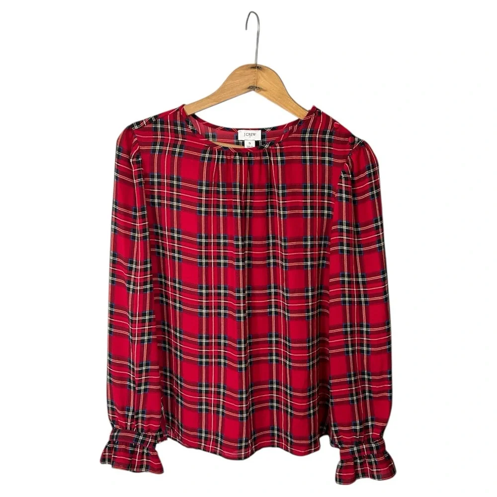 J. Crew | Women’s Red/Multi Tartan Plaid Crewneck Ruffle Sleeve Hems Top, Size S